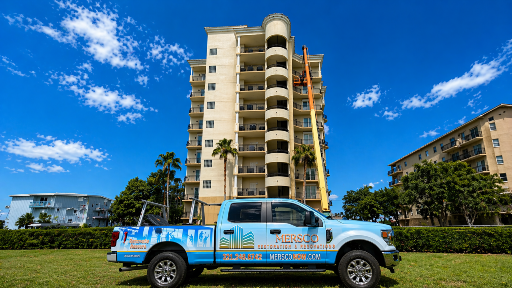 Exterior restoration work underway at a multi-story condominium