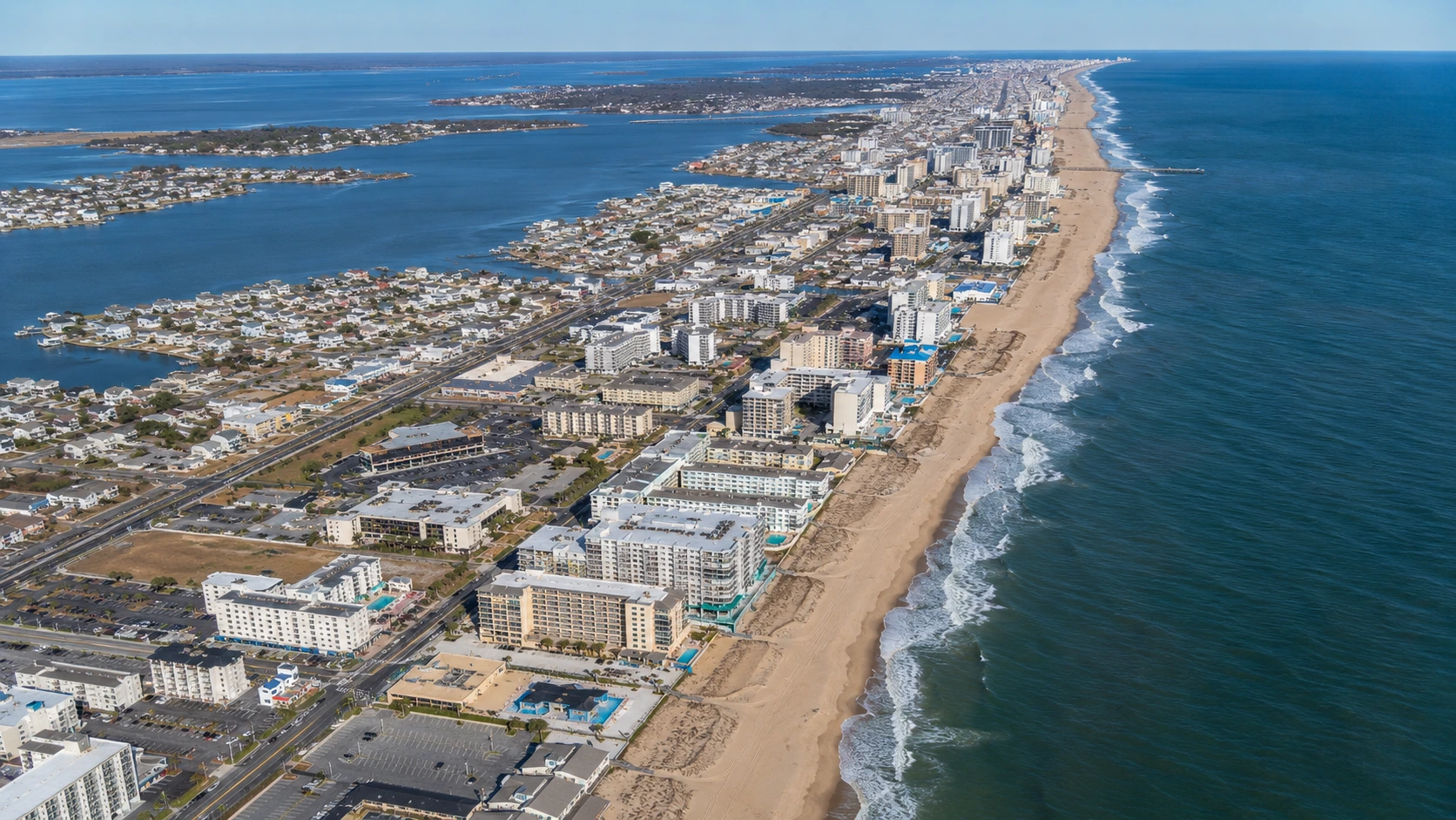 Aerial view of commercial and multi-family properties along Ocean City, Maryland