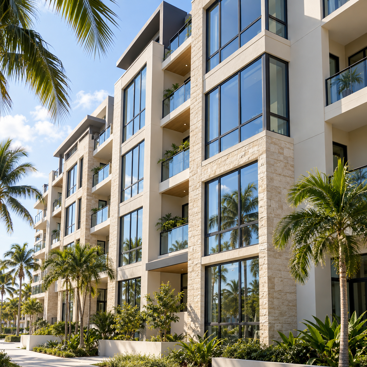 Modern multi-family building with large exterior windows and balconies