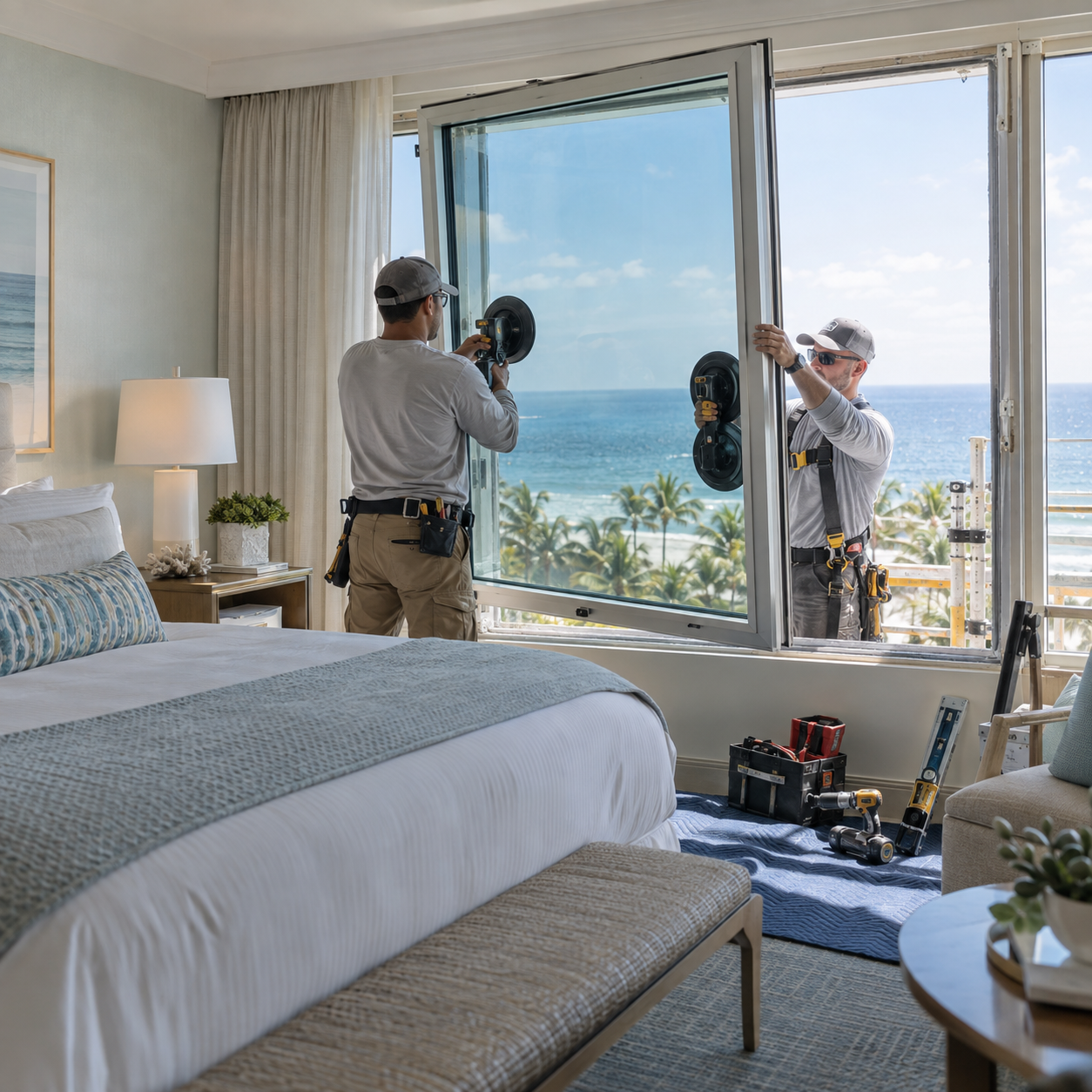 Commercial window installation inside a coastal hotel room
