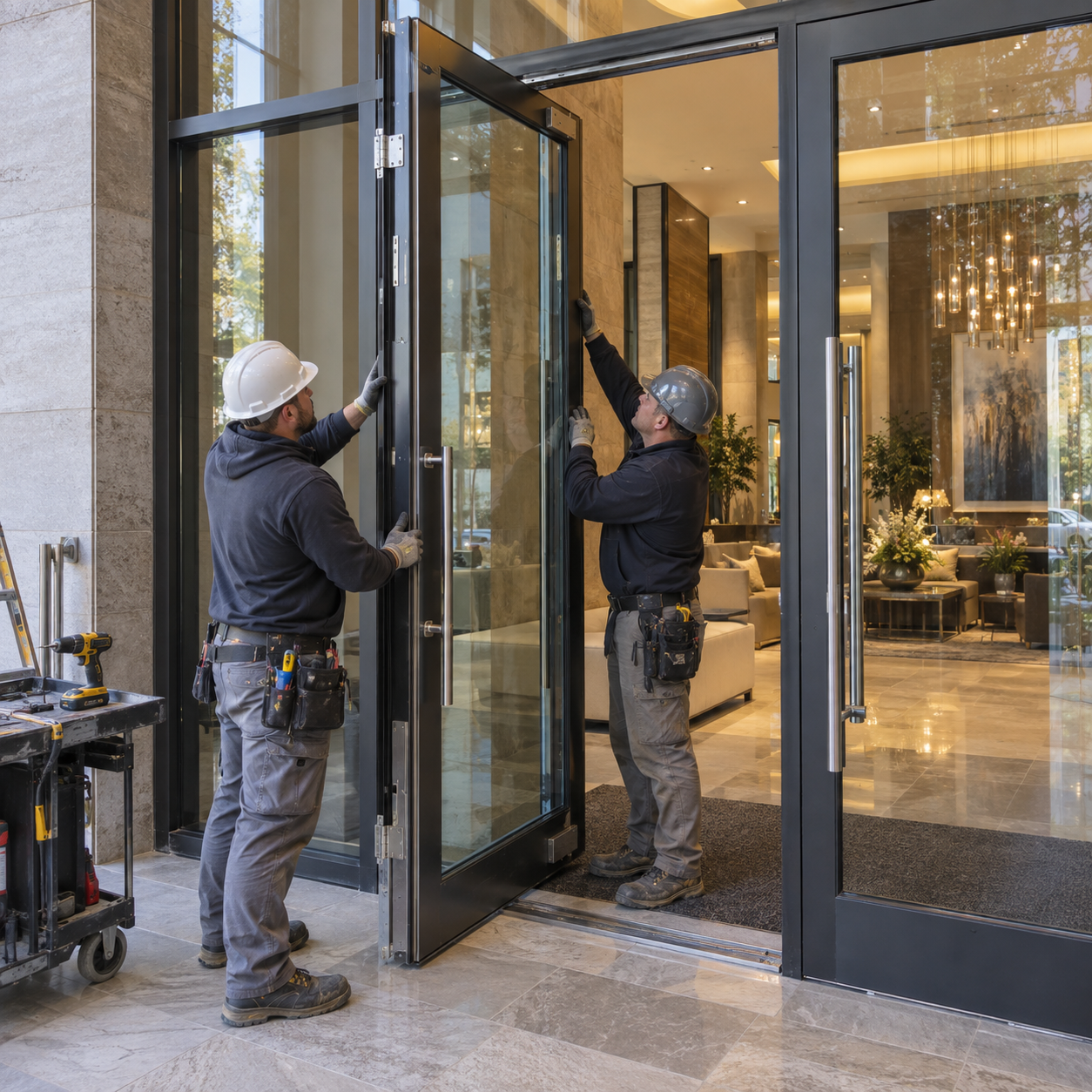 Commercial glass entrance door installation in a hotel lobby