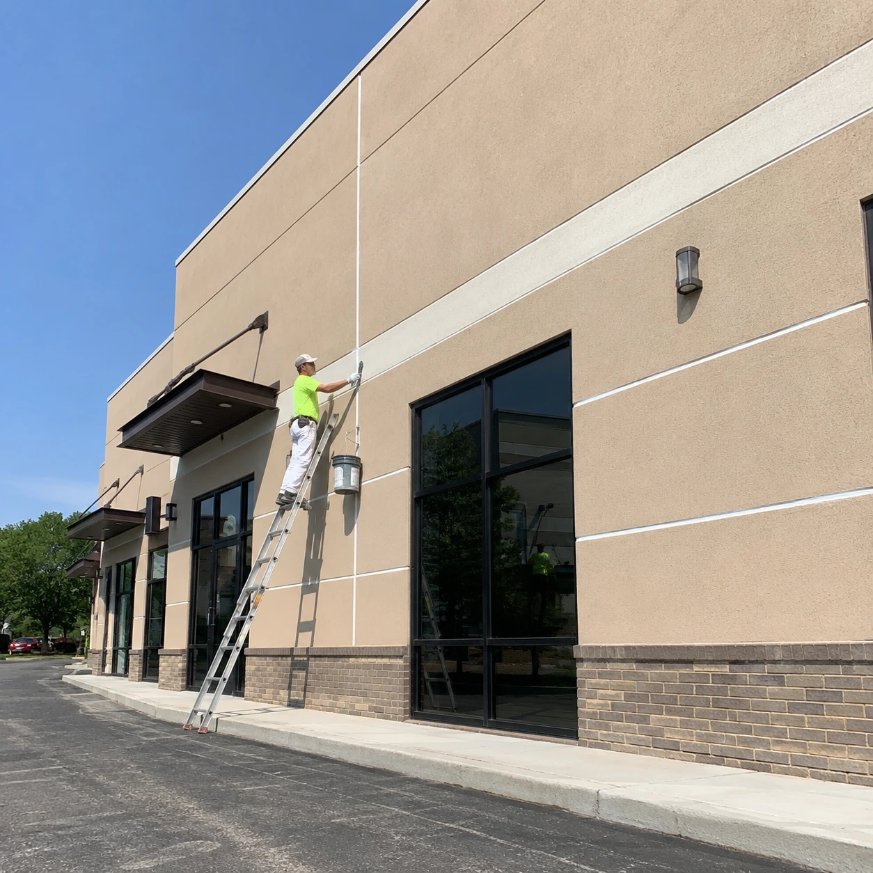 Exterior sealant work being completed at a commercial building facade